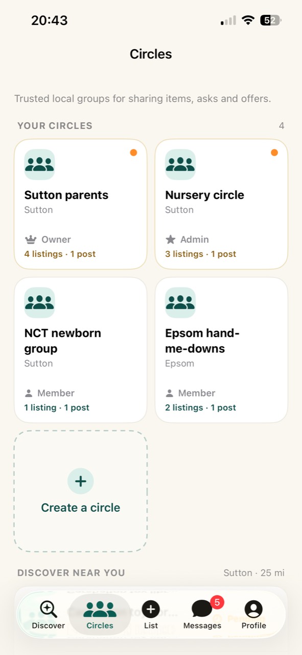 TinyTrades Circles app screen showing trusted local family groups
