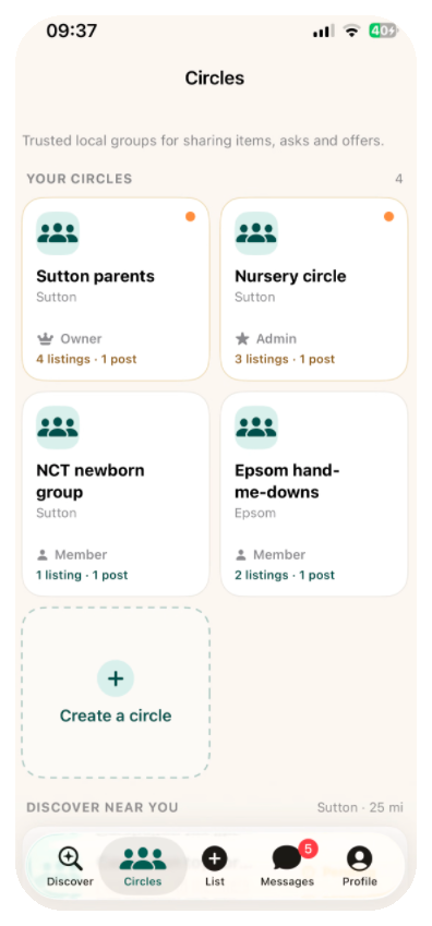 TinyTrades Circles app screen showing trusted local family groups